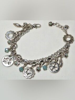 🩵 BRIGHTON Silver Multi-Charm Bracelet with Aqua Beads & butterflies! 🦋